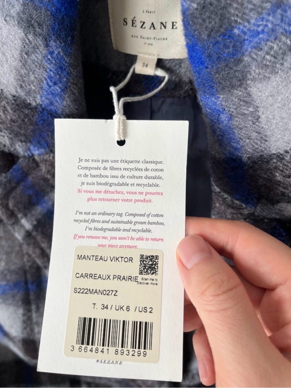 NWT Sezane Viktor Coat Prairie Check size 2 runs large - Picture 3 of 6